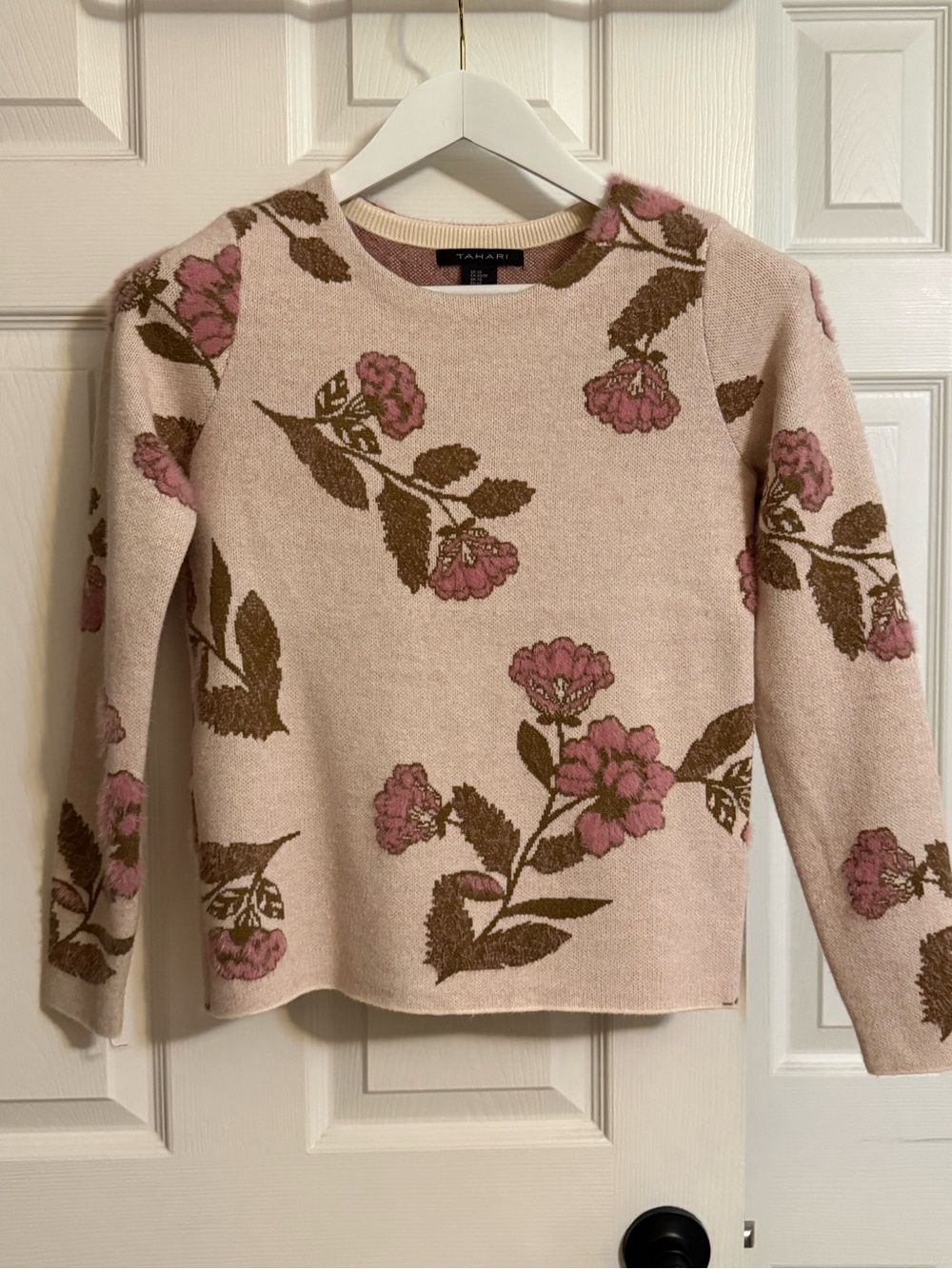 Tahari Floral Crew Neck Sweater in Pink & Brown Size XS NWOT